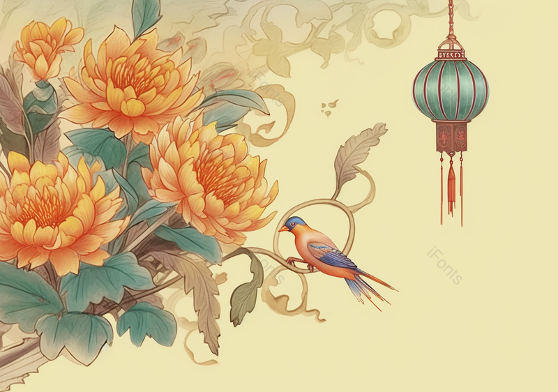 中国风淡雅国潮风花丛中秋灯笼工笔画植物手绘背景,插画/手绘图,插画/手绘图库,插画/手绘图下载,插画/手绘